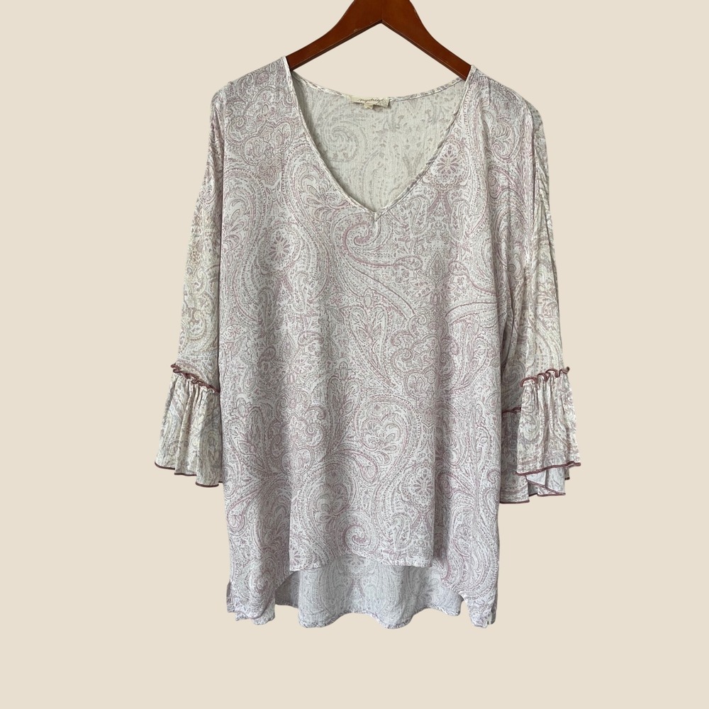 Mystree Womens Pink Paisley V-Neck Bell Sleeve Ruffle Hem Blouse Top M boho